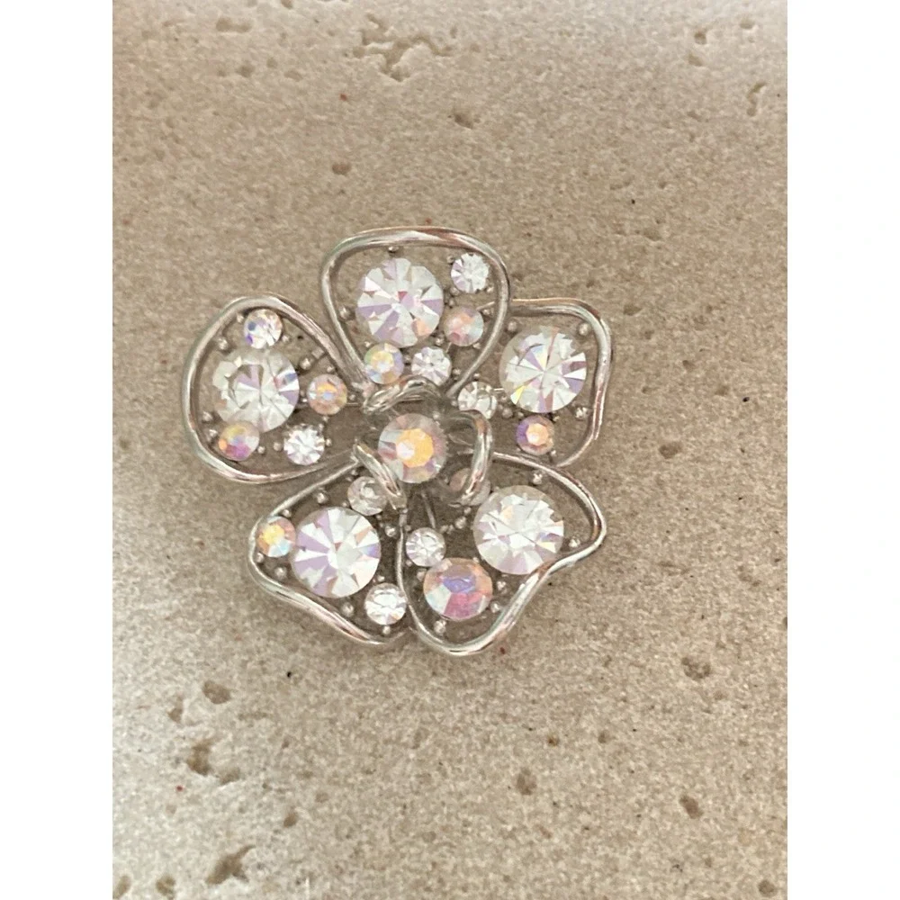 Silver Tone Flower Brooch Clear AB‎ Rhinestone Floral Dimensional Abstract Metal